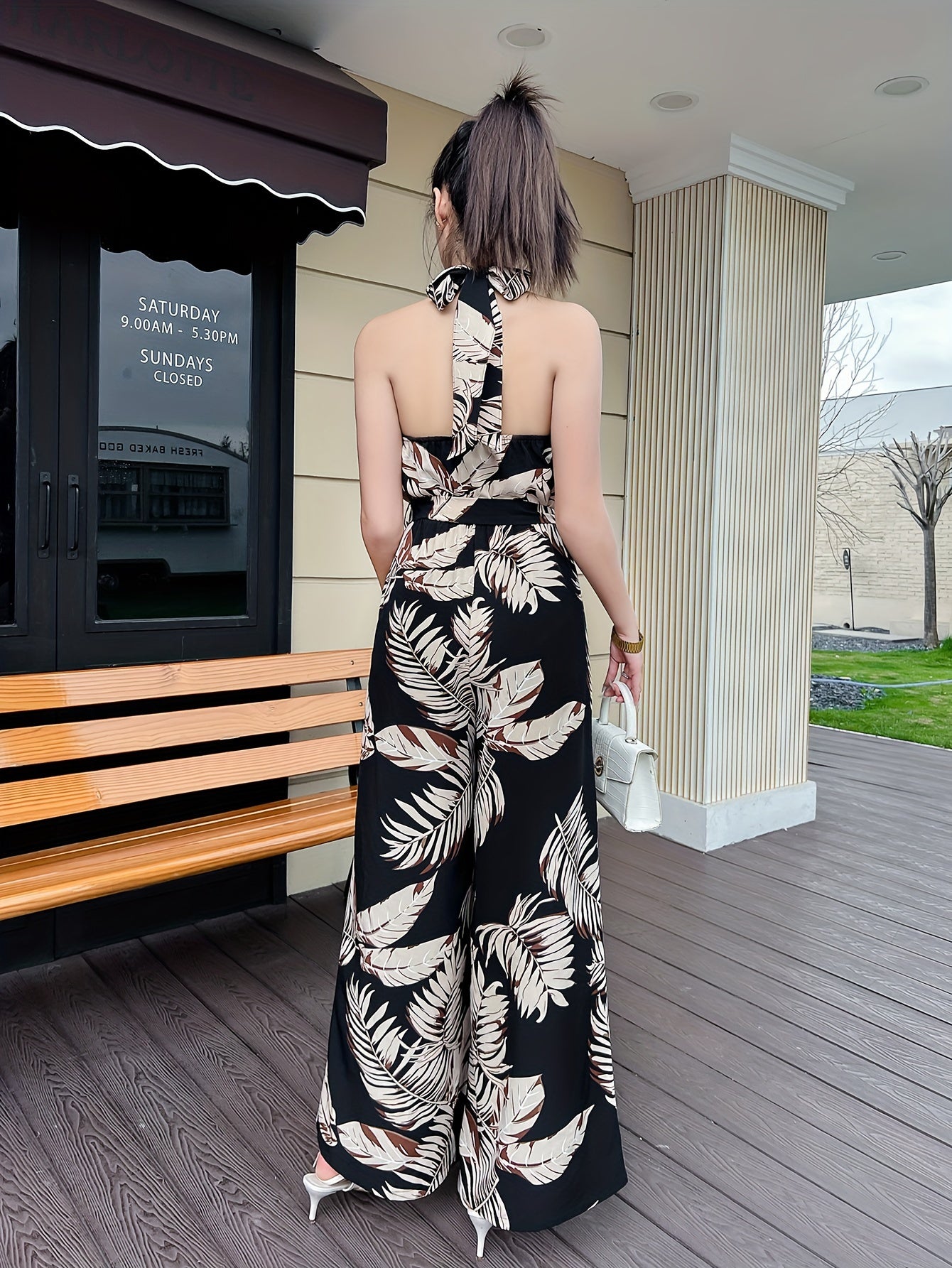 Long Print Tie Backless Halter Culottes Jumpsuit - Elegant Wide Leg, Belted, Polyester, Random Print, Strapless, Long Length, Sexy, Summer Outfit for Women - Customized, Woven, No Elasticity, No Sheer