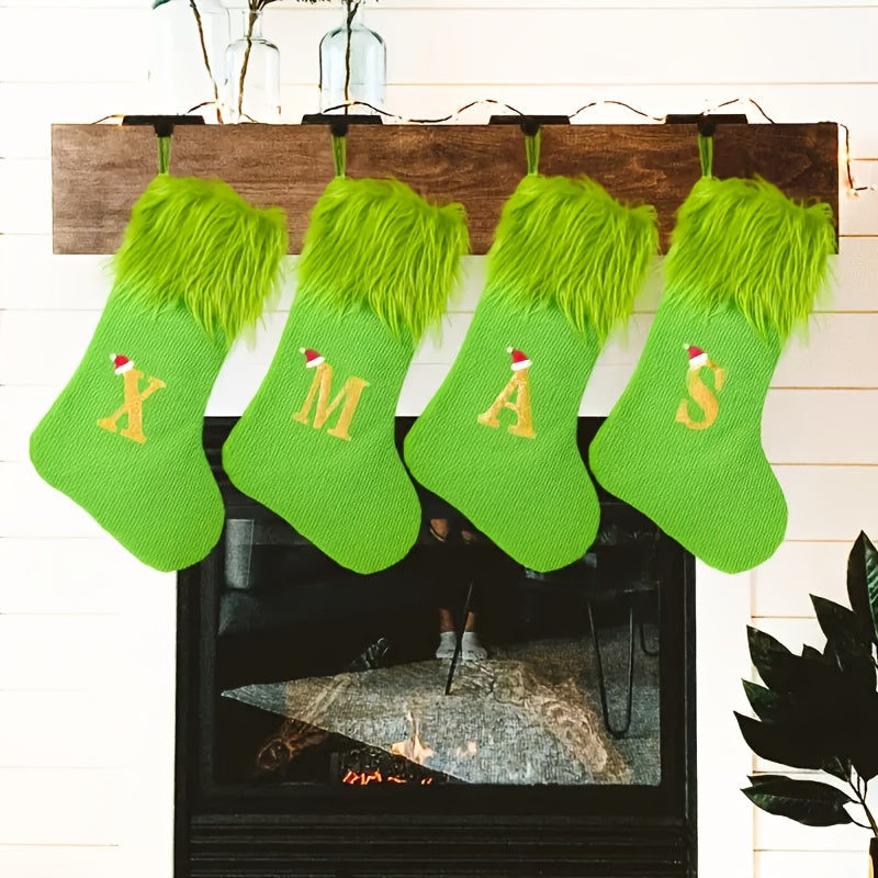 Green Faux Fur Christmas Stockings with Embroidered Letters, 18-inch Festive Holiday Decor, for Home & Party, Polyester, Christmas Decor