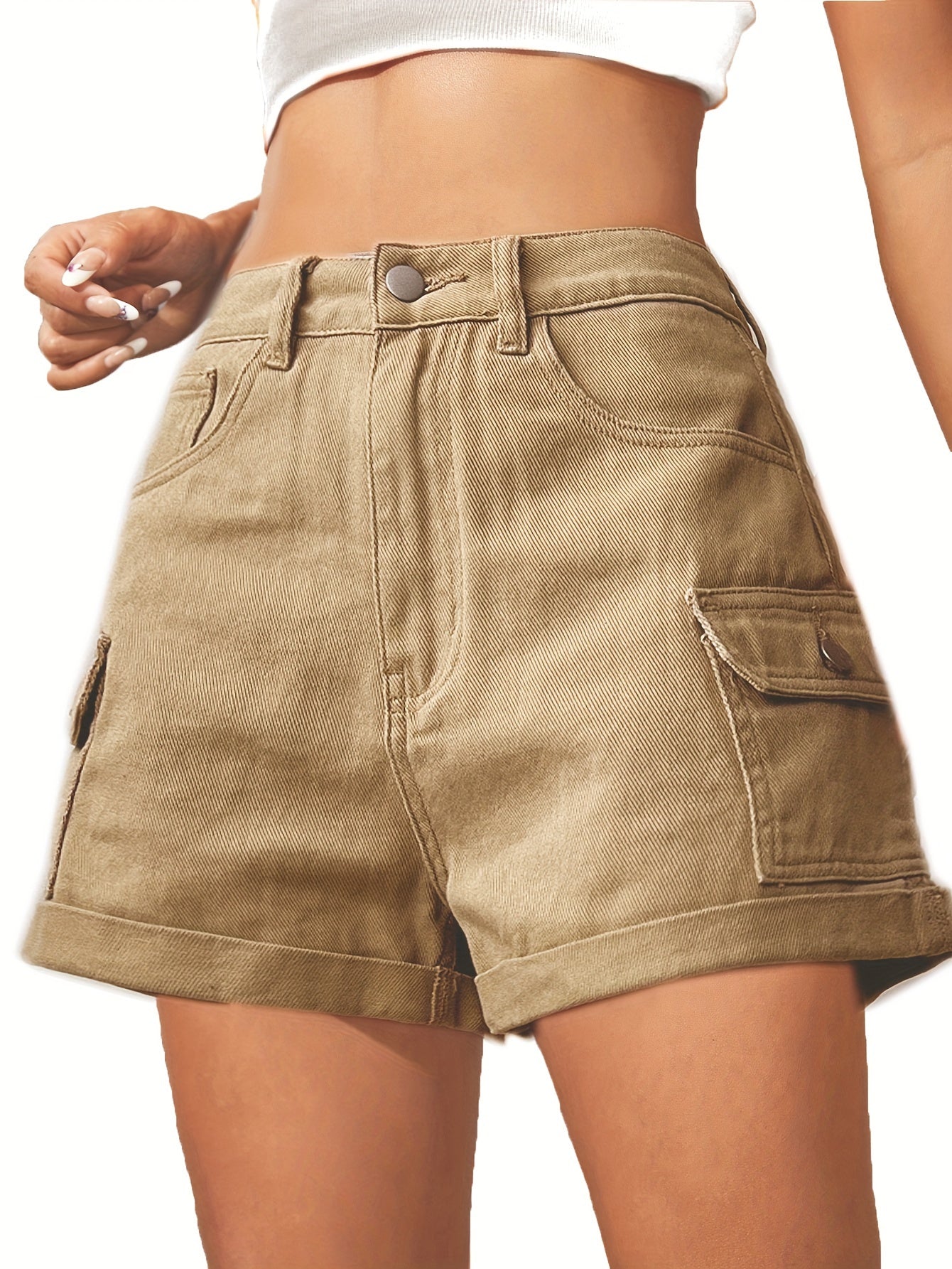 ZllKl Rolled Hem Casual Denim Shorts, A-Line Flap Pockets Cargo Short Denim Pants, Women's Denim Jeans & Clothing