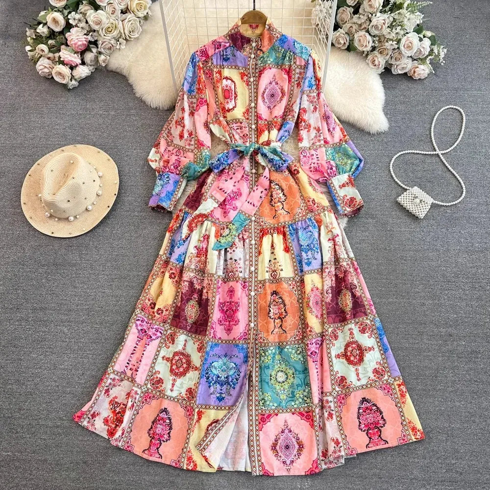 Basic Casual Women Dresses Runway Designer Spring Linen Maxi Dress for Women Elegant Long Lantern Sleeve Colorblack Printed Party Vestidos Aline