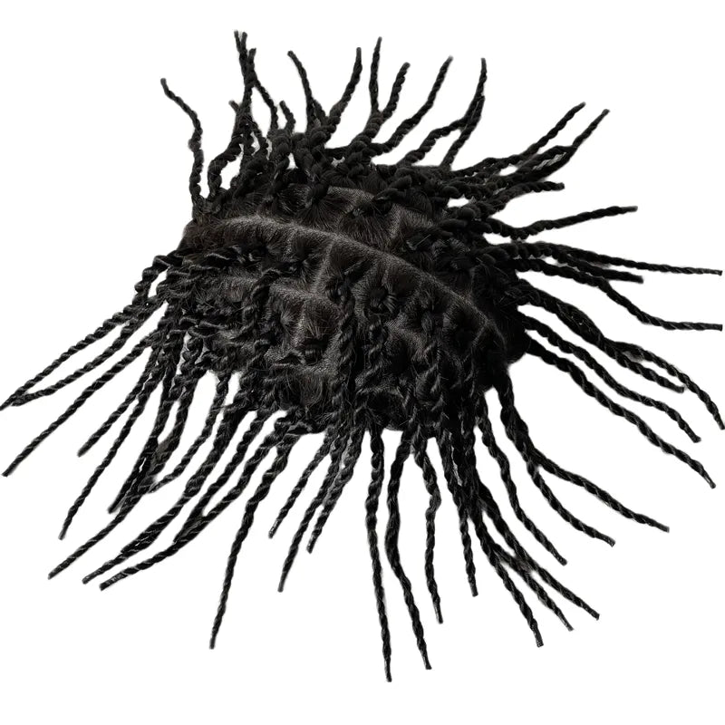 European Virgin Human Hair Pieces 200% Density 1b# Black Twist Braids Knots Skin PU Toupee for Black Men