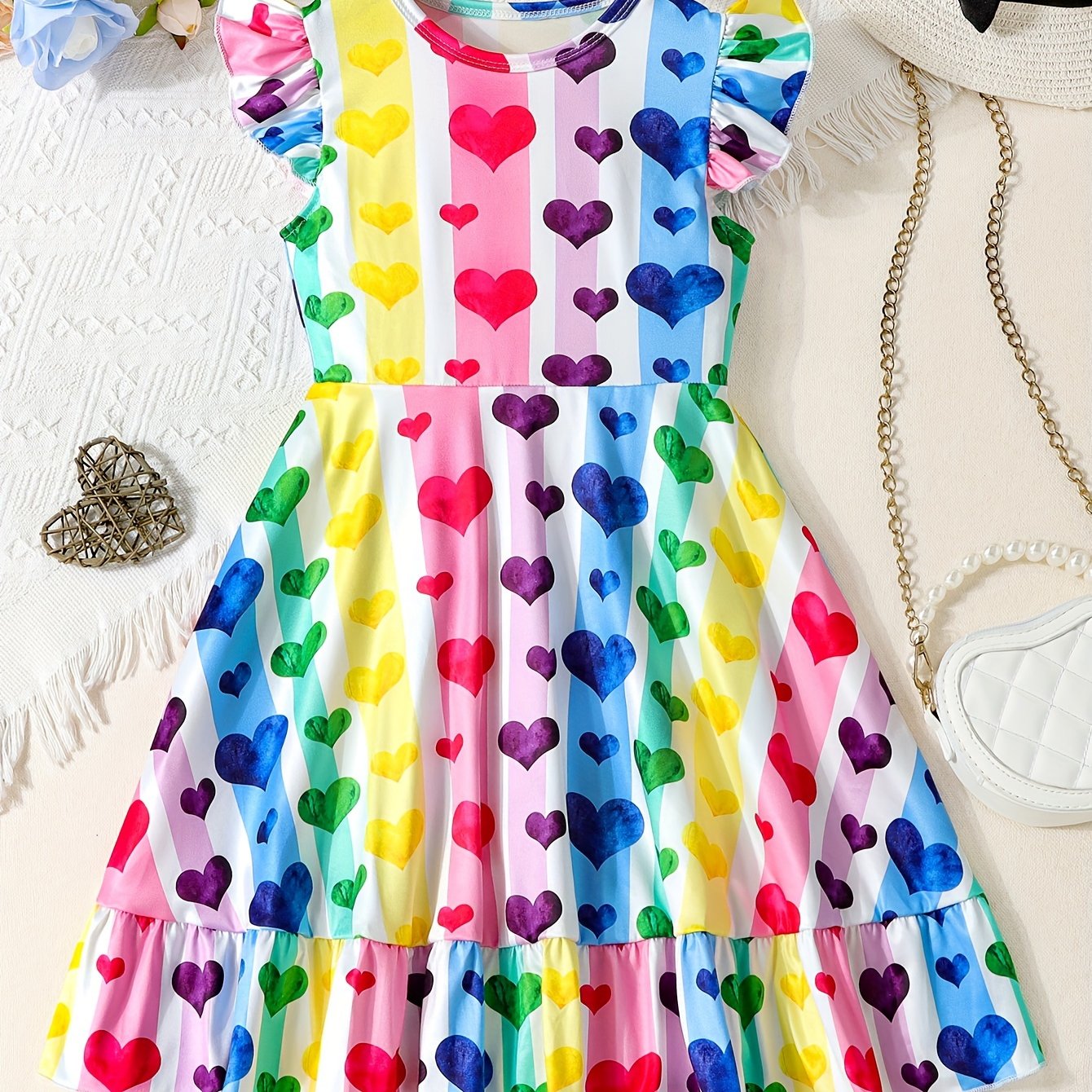 Girls Vibrant Hearts Print Round Neck Flying Sleeve Midi Dress - Adorable & Flowy for Summer Romance & Valentines Day