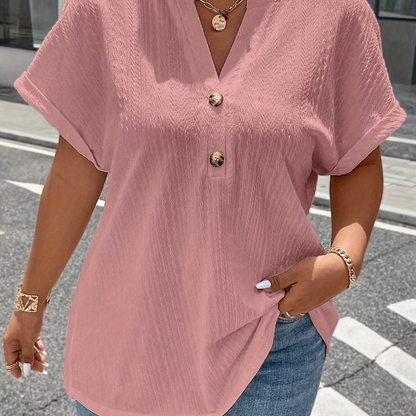 ZllKl Plus Size Simple Solid Blouse, Casual V Neck Short Sleeve Blouse For Spring & Summer, Women's Plus Size Clothing