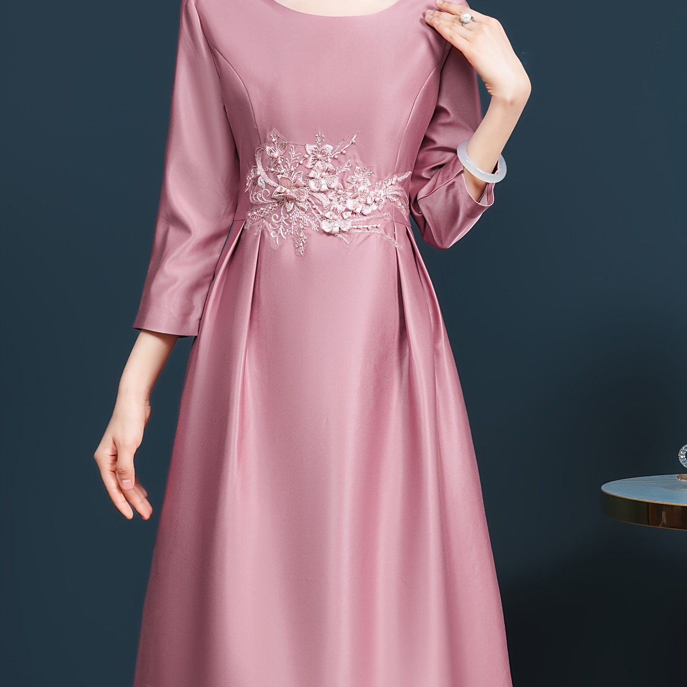 Pink embroidered 3/4 sleeve dress mid-length hem slimming, Mother of the bride wedding guest dress elegant