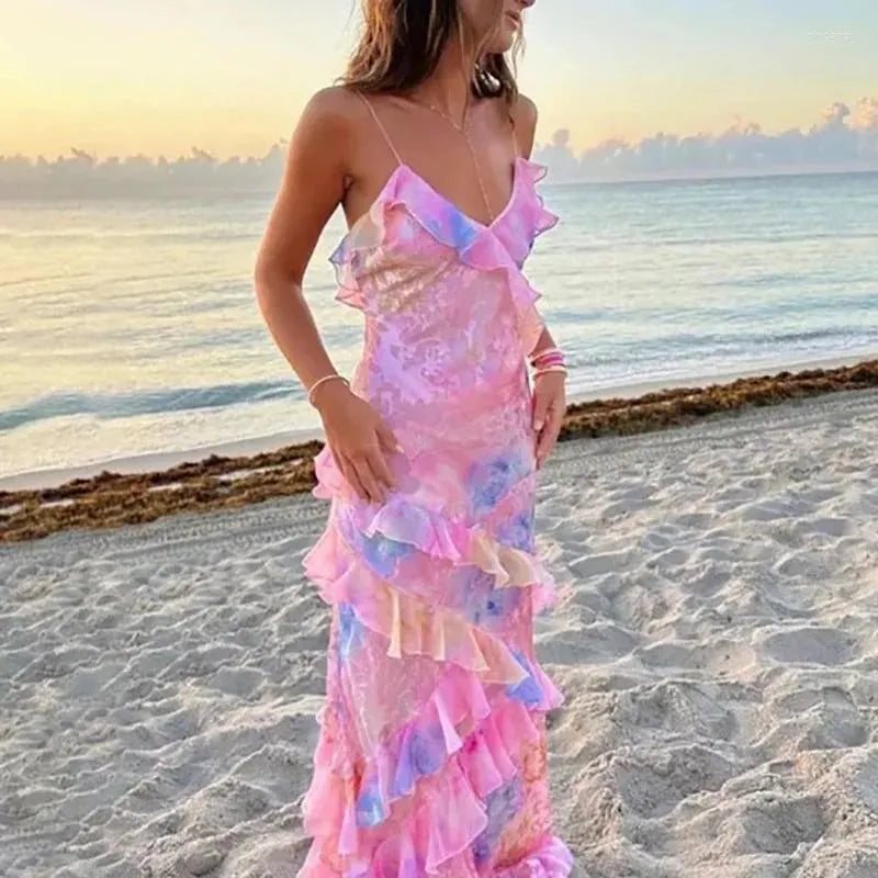 Casual Dresses Beach Style Backless Fashion Maxi Dress Women Summer Sleeveless V-Neck Party Ruffles Patchwork Printed Ladies