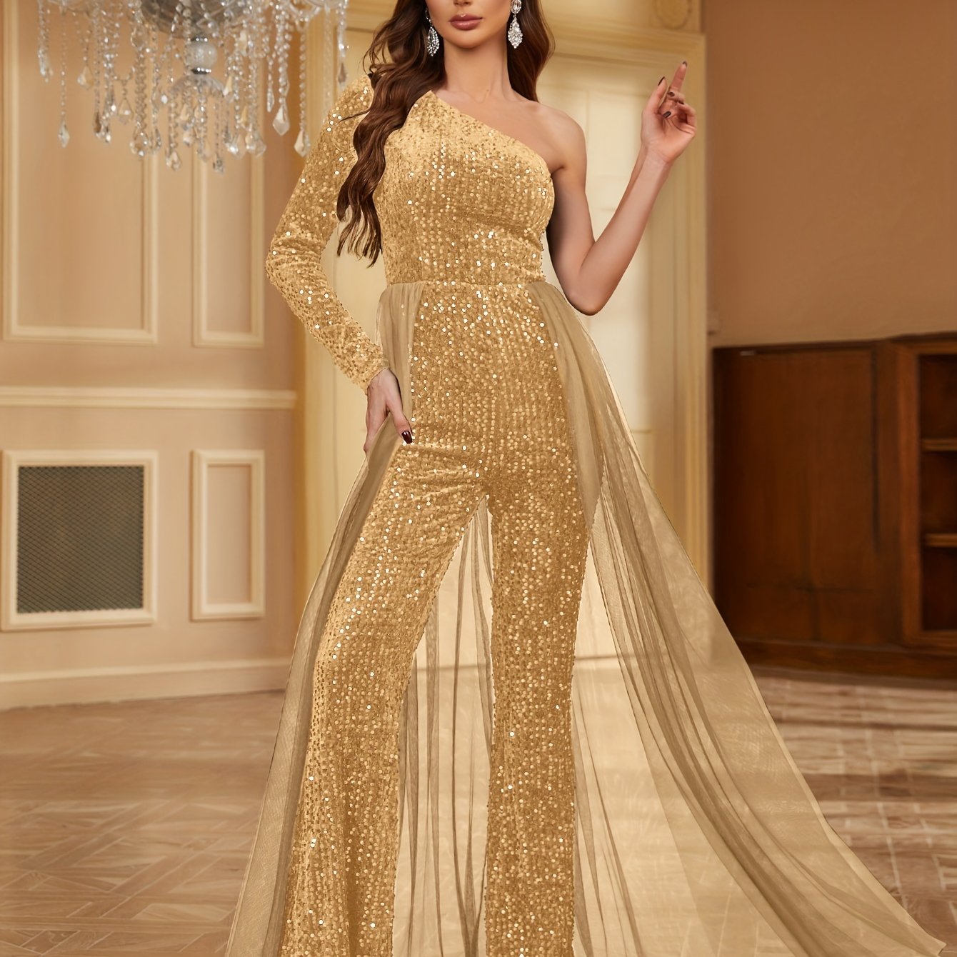 Stunning One Shoulder Sequined Jumpsuit - Elegant Long Sleeve Backless High Waist Women's Clothing - Contrast Mesh Fabric, Chic Party Wear, Bodycon Fit, and Flattering Design