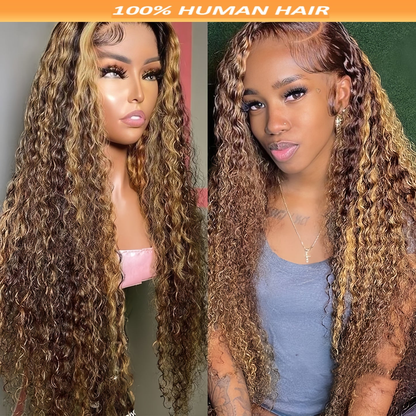 Ombre Honey Blonde Water wave 13x4 Lace Front Wig Human Hair Highlight Glueless Pre Plucked HD Lace Frontal Wigs 180% Density Curly Water Wave Wigs