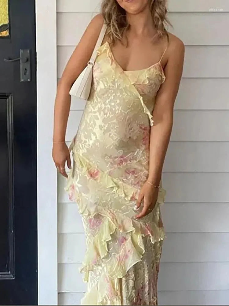 Casual Dresses Beach Style Backless Fashion Maxi Dress Women Summer Sleeveless V-Neck Party Ruffles Patchwork Printed Ladies