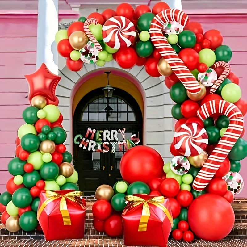 140pcs Golden Foil Latex & Aluminum Balloon Garland Arch Kit for Xmas Party Decorations with Candy Cane & Gift Box Balloons, Red, Green, Includes Balloon Tying Tools