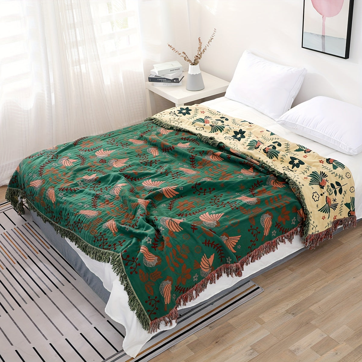 1pc Vibrant Bohemian Chic Cotton Gauze Throw Blanket - Soft, Lightweight, Spring-Inspired Bird and Leaf Pattern, Multi-Purpose Sofa Cover, Bedspread, Farmhouse Decor Couch Throw Blanket with Seasonal Accent