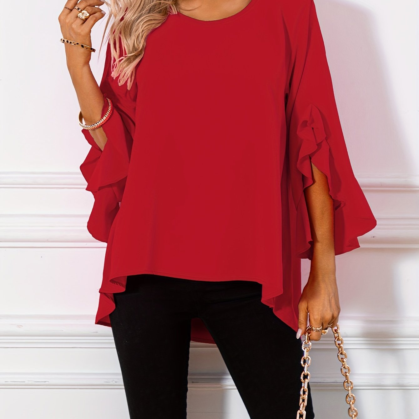 ZllKl Solid Crew Neck Blouse, Casual Ruffle Sleeve Blouse For Spring & Fall, Women's Clothing