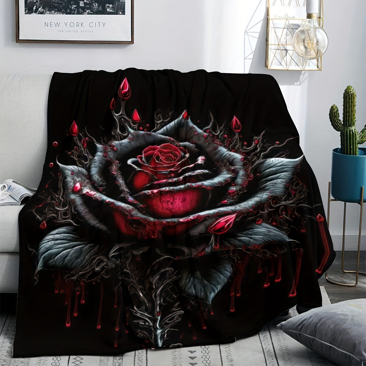 1pc Goth Black Rose Printed Flannel Blanket For Sofa Bed Office Shawl Cover Legs Picnic Camping Multi-purpose Comfortable Soft Blanket
