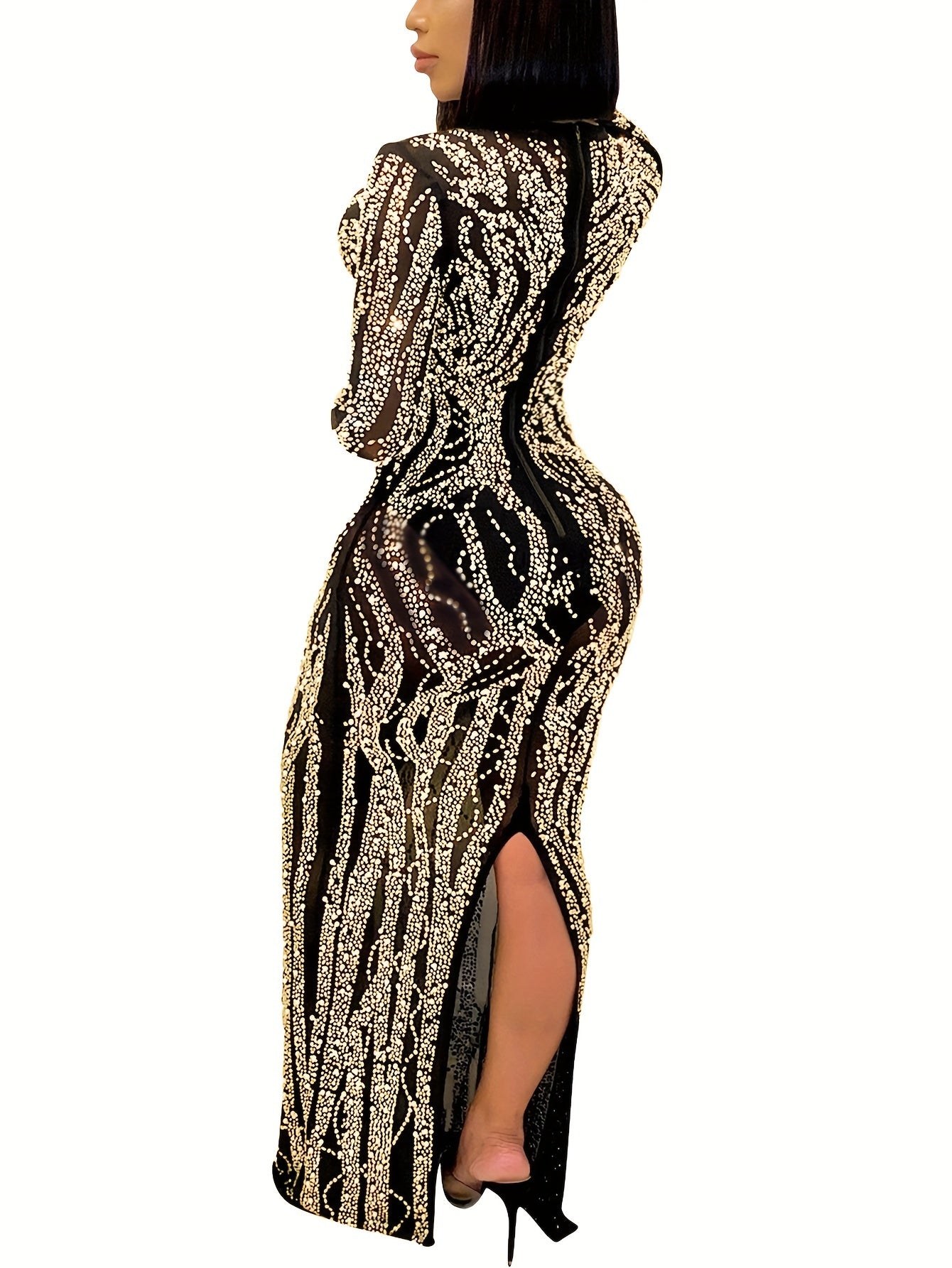 Glittering Rhinestone V Neck Bridesmaid Dress - Y2K Inspired Long Sleeve with Zipper Back - Flowy Bag Hip Wedding Party Gown for Fashion-Forward Women