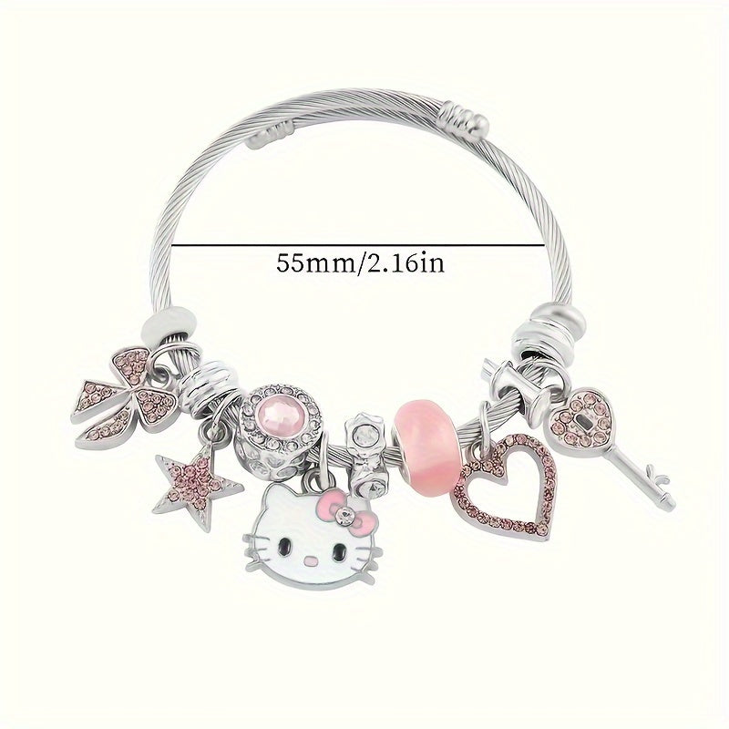 Stunning Sanrio Hello Kitty Mosaic Zircon Alloy Bracelet - Sparkling Cartoon Bangle for Girls, Unique Sweet Gift Idea with No Plating, Exquisite Detailing