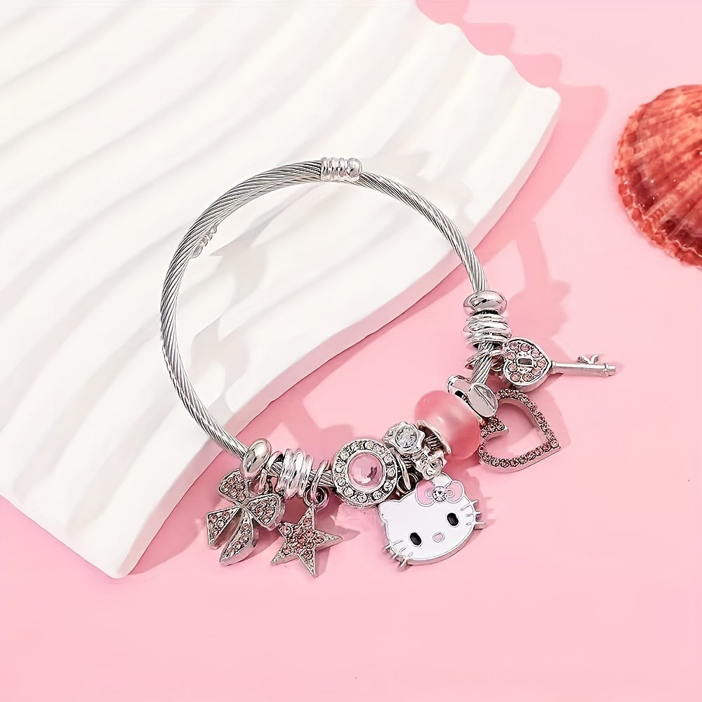 Stunning Sanrio Hello Kitty Mosaic Zircon Alloy Bracelet - Sparkling Cartoon Bangle for Girls, Unique Sweet Gift Idea with No Plating, Exquisite Detailing