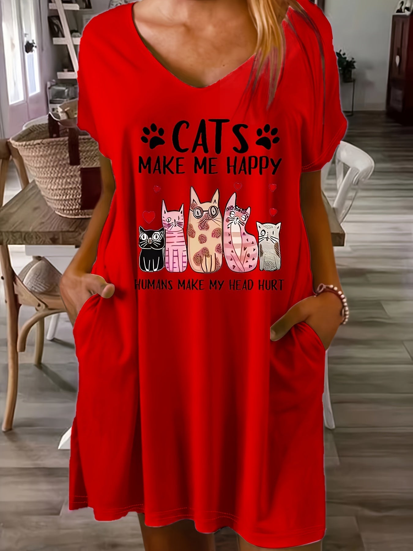 Plus Size CATS Print V Neck Tee Dress, Casual Pocket Short Sleeve Loose Dress For Spring & Summer, Women's Plus Size Clothing