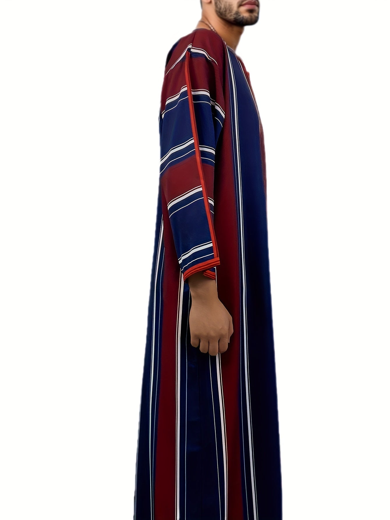 Authentic Moroccan-Style Crew Neck Djellaba Robe - Vintage Stripe Pattern, Long Sleeve, Cultural Arabic-Inspired Design for Men - Perfect for Traditional Events and Casual Lounging