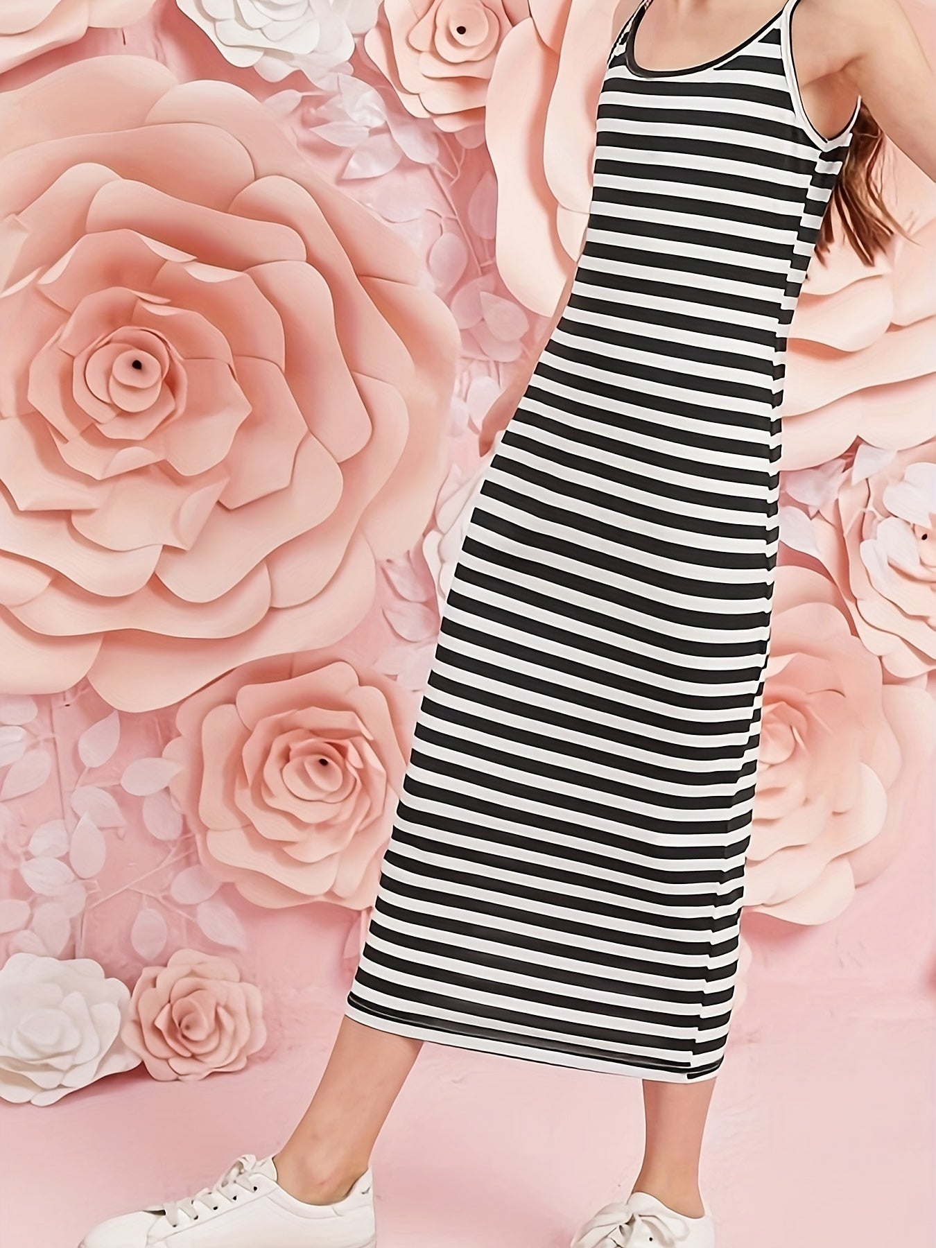 Girls Timeless Striped Cami Midi Dress - Comfortable Stretch, Effortless Slip-On Design for Everyday Style