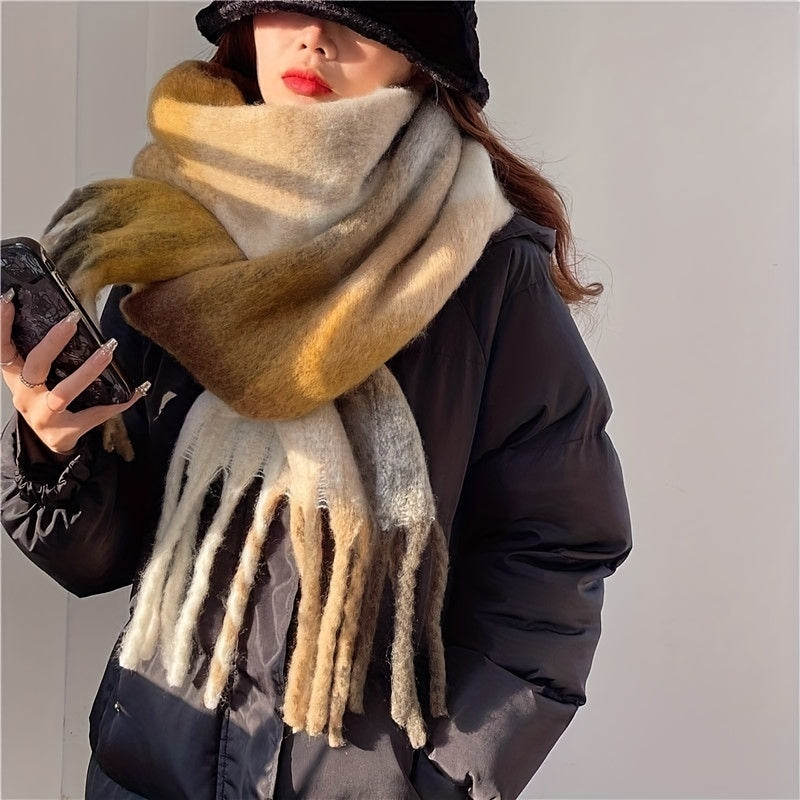 Autumn Winter Rainbow Color Boho Plaid Tassel Chunky Scarf - Soft Imitation Mohair, Eye-Catching Tassel Details, Thick and Plush Design, Long Stylish Neckerchief - Vibrant Shawl for Cold Weather