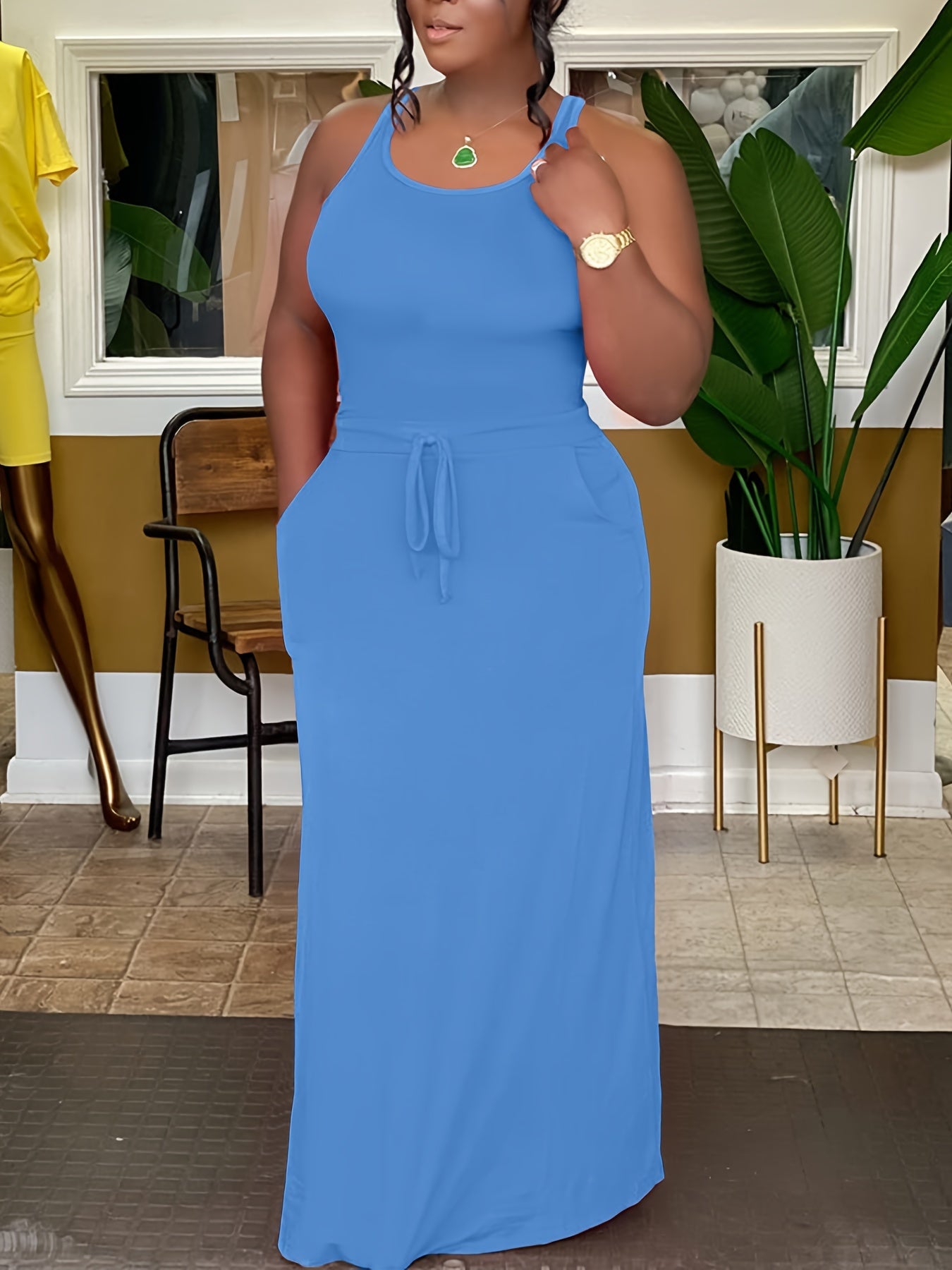 Plus Size Chic Solid Slim Belted Tank Maxi Dress - Comfortable Sleeveless Design for Spring & Summer - Women's Casual Wear for Curvy Figures