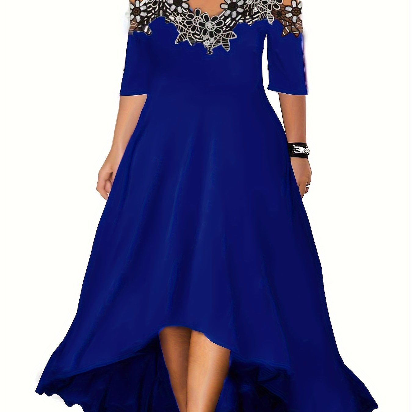 Plus Size Floral Chic V Neck Cold Shoulder Lace Stitching Dress - Elegant Short Sleeve Women's Clothing for Special Occasions - Perfect for Summer, Party, Wedding, and Date Night
