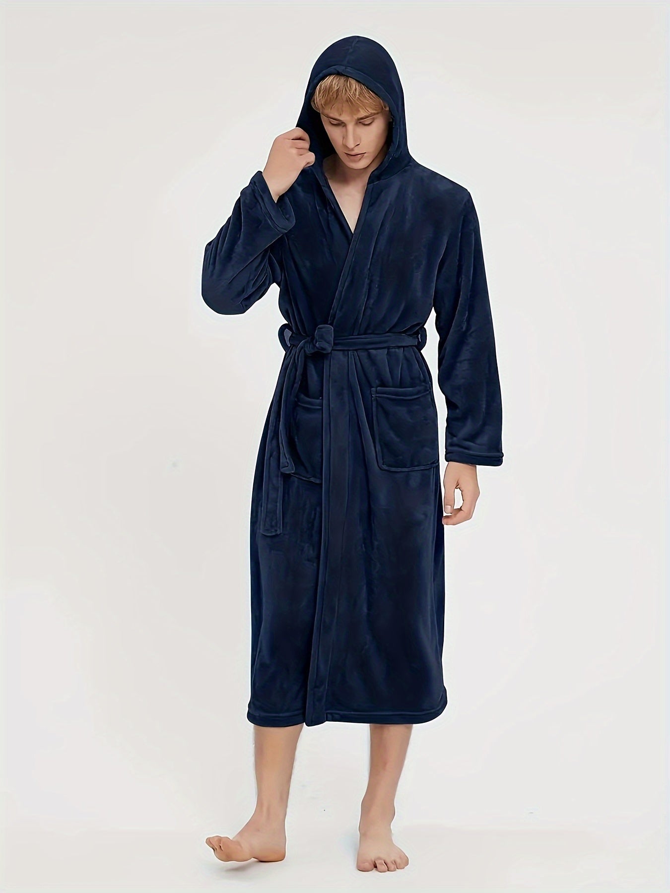 Men's Casual Nightgown, Soft And Comfortable Hooded Robes Full Length With Pockets, New , Plain Hooded Flannel