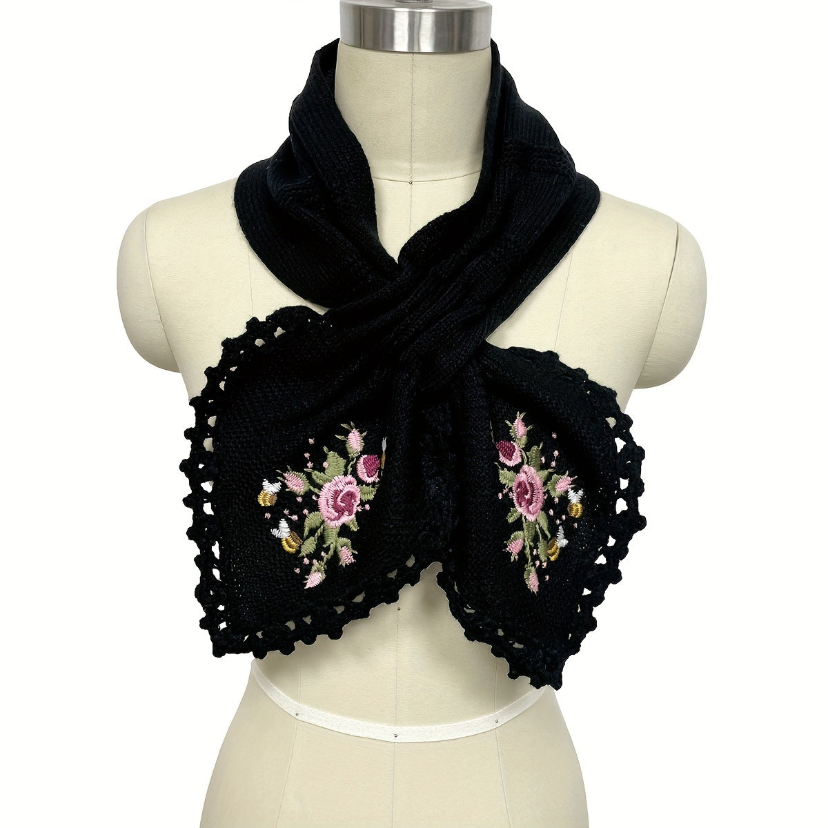 Vintage-Inspired Embroidered Knit Scarf - Soft, Warm, Windproof, and Elastic - Perfect for Weekend Casual Wear in Autumn and Winter