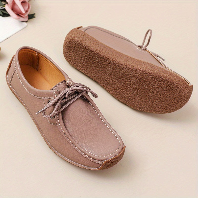 Womens Solid Color Microfiber Synthetic Leather Oxfords - Wear-Resistant, Lightweight, Breathable, Low-Top Lace-Up Flats with Plain Toe - Perfect for Casual, All-Season Wear