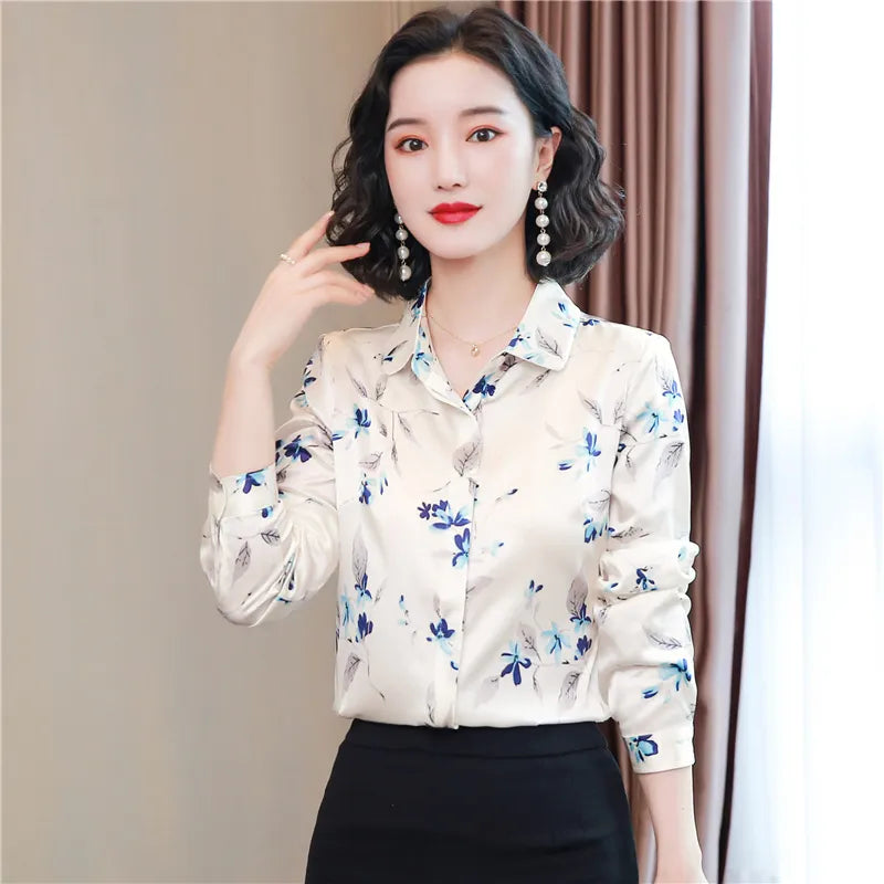 Luxury Designer Print Classic Satin Shirt Plus Size Women Fashion Long Sleeve Button Front Shirts Spring Autumn Ladies Runway Lapel Blouse Elegant Silk Tops