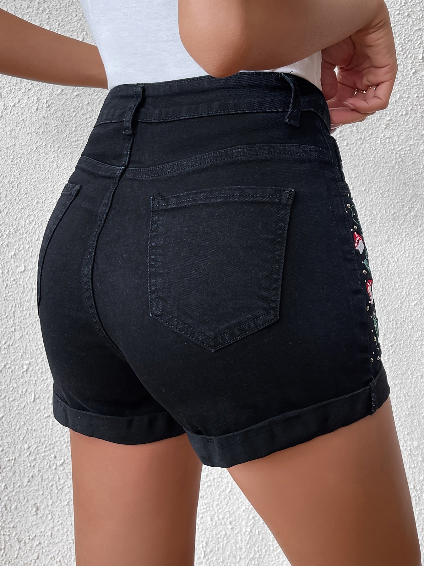 ZllKl Mushroom Plant Embroidery Cute Denim Shorts, Roll Up Hem Slash Pocket Denim Shorts, Women's Denim Jeans & Clothing