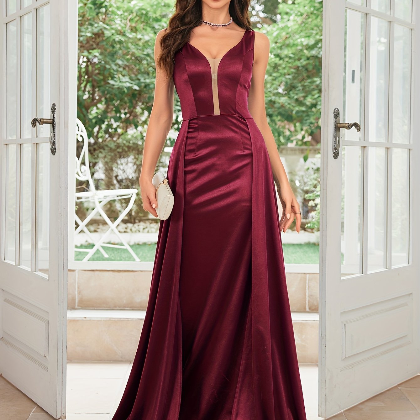 Extra-Long Sleeveless Fit and Flare Satin Dress - Elegant Deep V Neck, Split Details, Micro Elasticity, Flared Hem - Perfect for Wedding, Evening, Occasion, Engagement, Ceremony