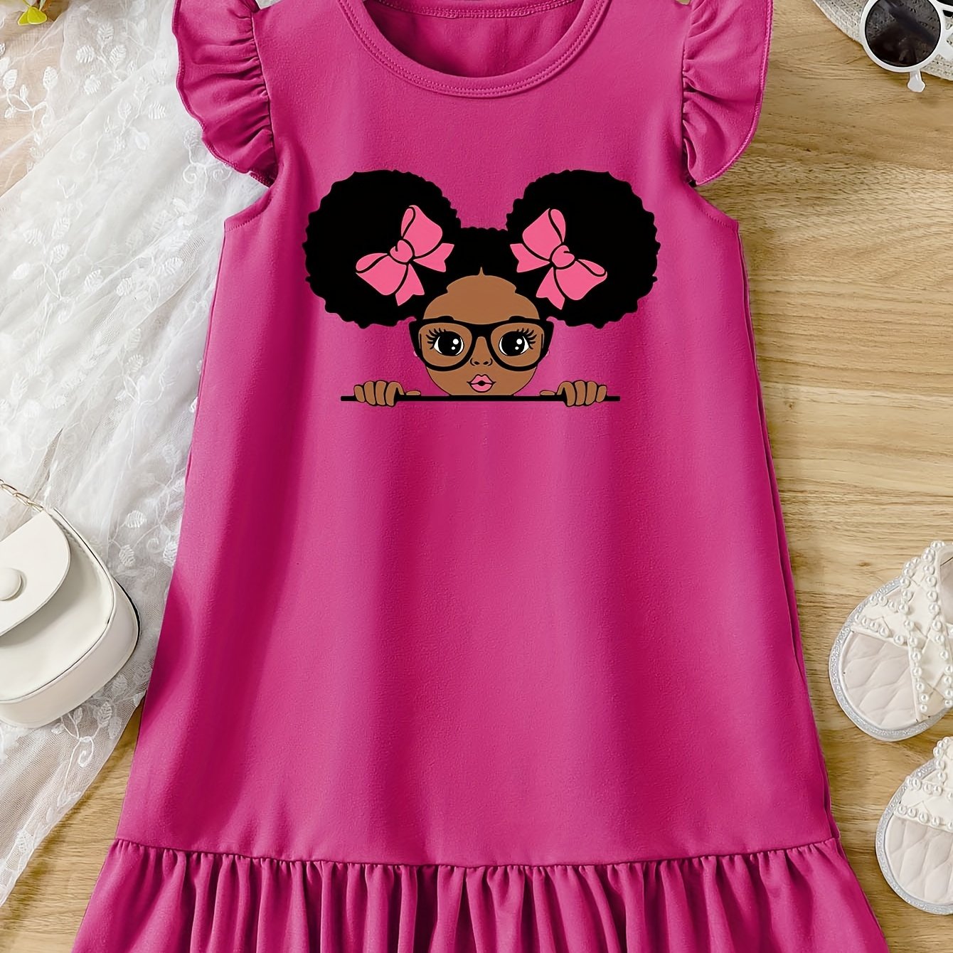 Girls Cartoon Graphic Knitted Ruffle Hem Flying Sleeve Dress - Soft, Slight Stretch, Regular Fit, Alphabets Pattern, Machine Washable, Perfect for Summer Casual Wear