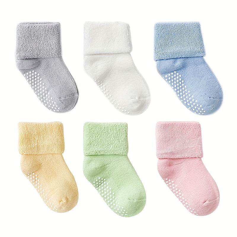 6pairs Boys Girls Kids Thickened Warm Socks, Anti-skid Socks, Casual Plain Color Socks, Toddlers Children's Trendy Socks