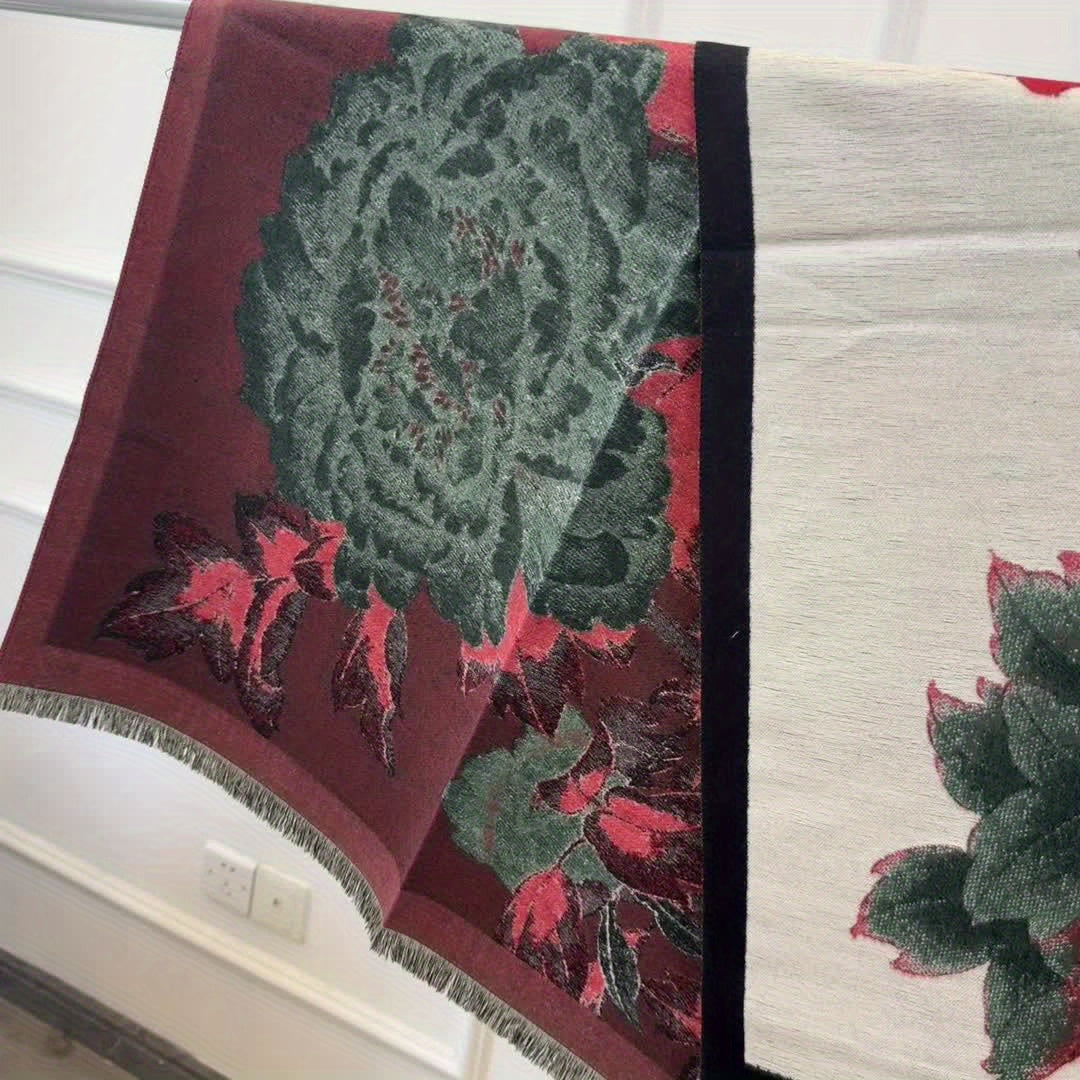 Vintage Floral Pattern Soft Shawl Scarf - Elegant, Warm, Fringe, Windproof, Coldproof, Autumn Winter Essential - Perfect for Outdoor Activities, Casual Wear, and Gift Giving