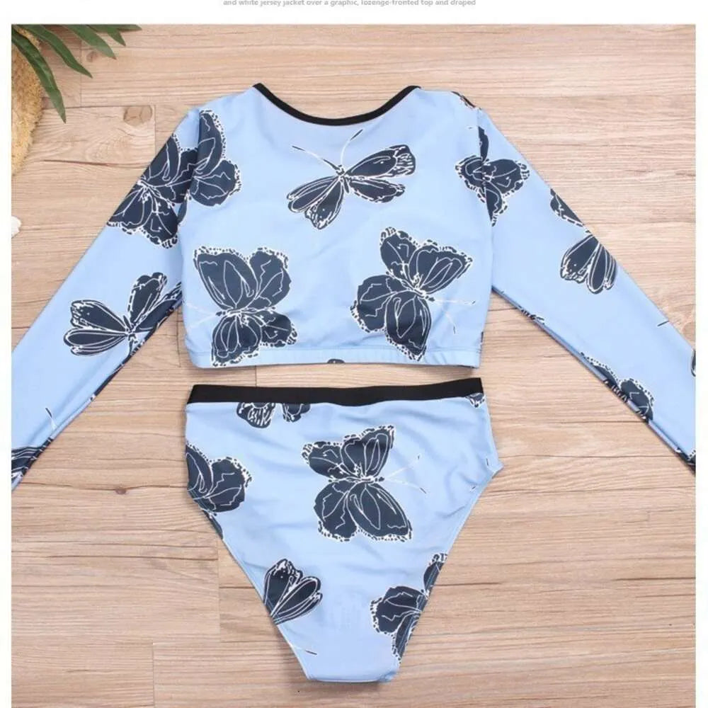 New Long Sleeved High Waist Women's Split Bikini Blue White Black Swimsuit