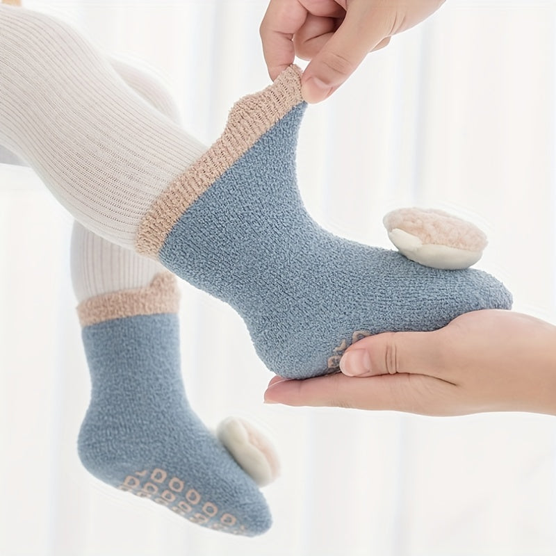 3 Pairs Of Baby Girl's Non Slip Floor Socks With Cute Decoration, Comfy Breathable Thermal Socks, Winter & Autumn