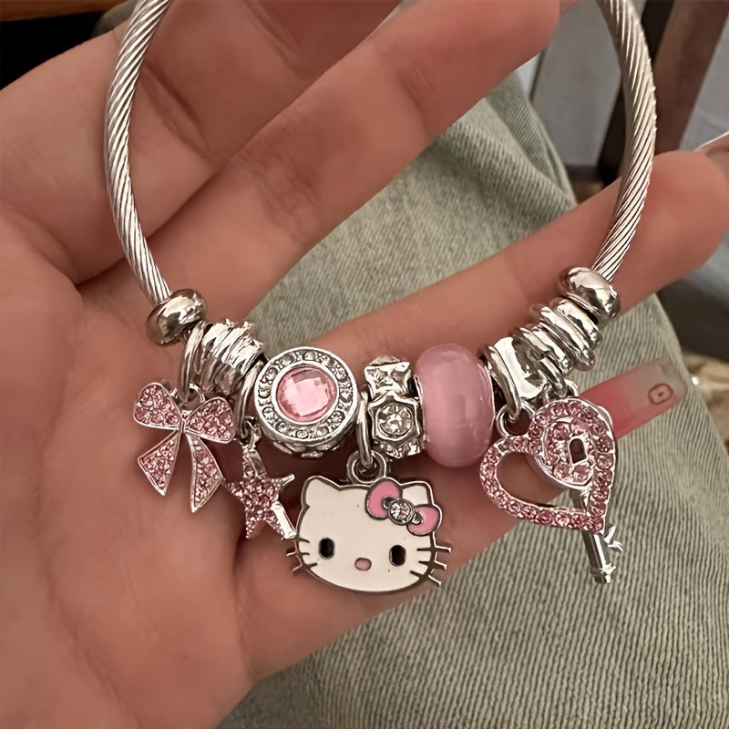 Stunning Sanrio Hello Kitty Mosaic Zircon Alloy Bracelet - Sparkling Cartoon Bangle for Girls, Unique Sweet Gift Idea with No Plating, Exquisite Detailing