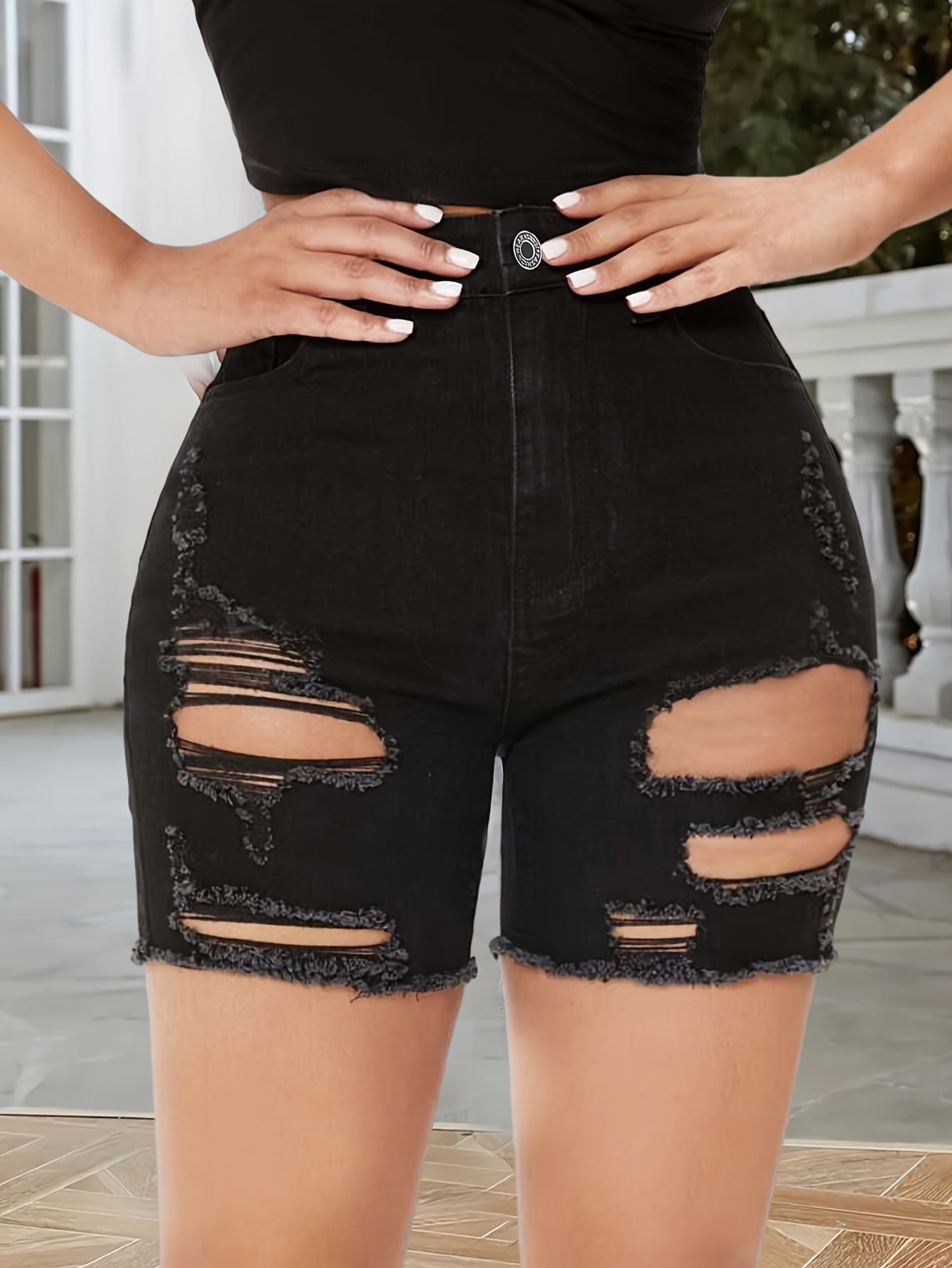 ZllKl Ripped Raw Hem Hot Denim Shorts, High Rise Stretchy Denim Shorts, Women's Denim Jeans & Clothing