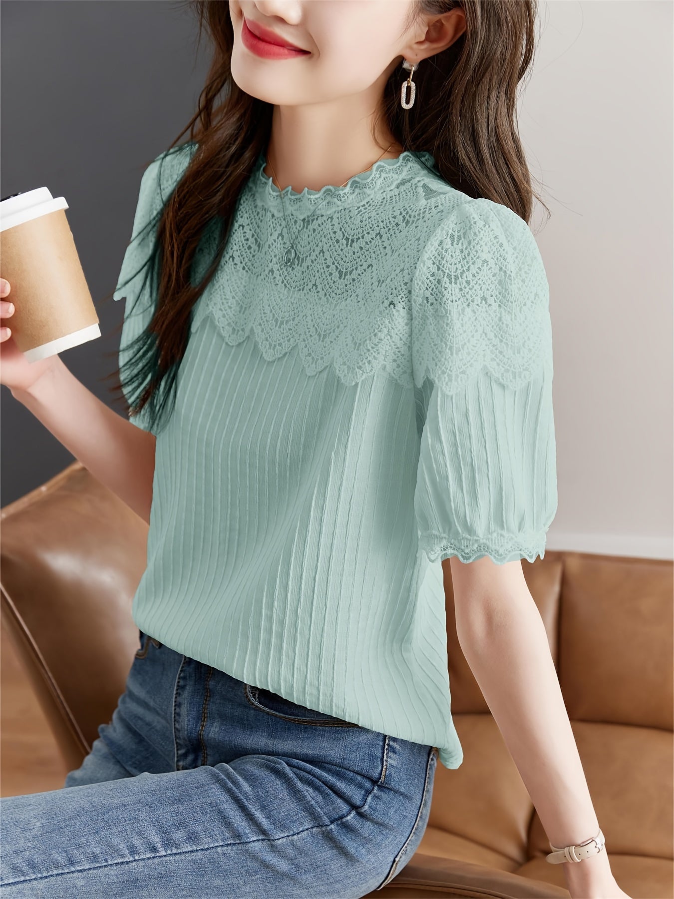 Charming Solid Lace Blouse with Stitching Detail - Soft Textured Short Sleeve Top for Spring & Summer Elegance - Womens Casual Fashion