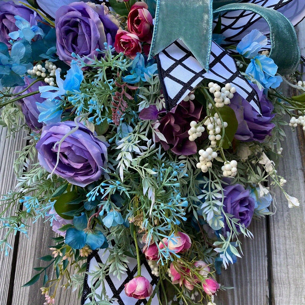 Artificial Spring Wreath Flowers Swag with Fake Butterflies Front Door Wreath