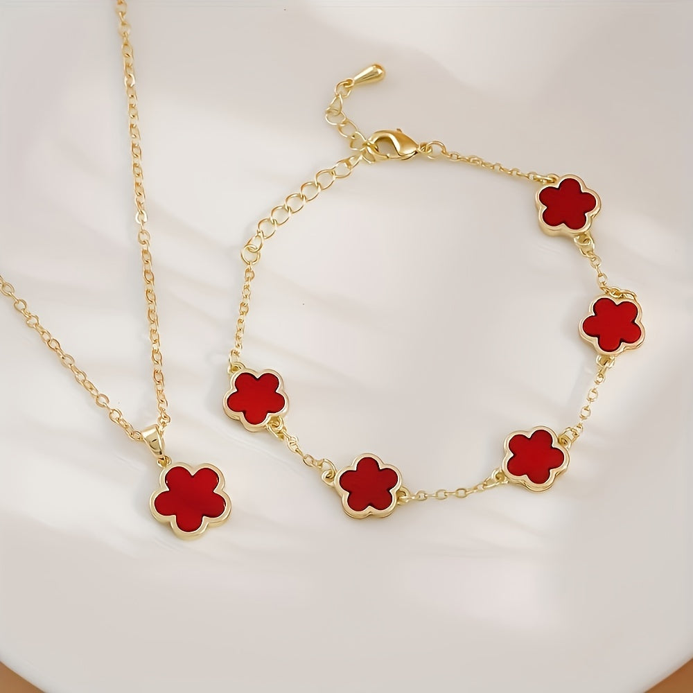 2-Piece Copper Jewelry Set - Gorgeous Five Petal Flower Necklace and Bracelet Combo - Perfect for Dates, Holidays, and Graduation Season Celebrations