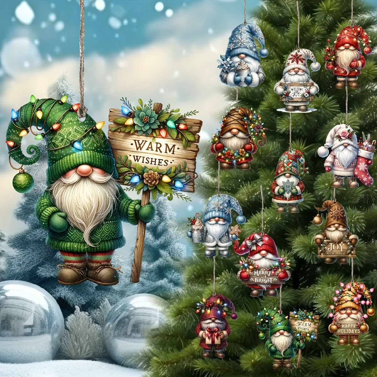 12 PCS Handcrafted Wooden Christmas Gnome Hanging Ornaments - No Batteries Required, Perfect Gift for the Holiday Season