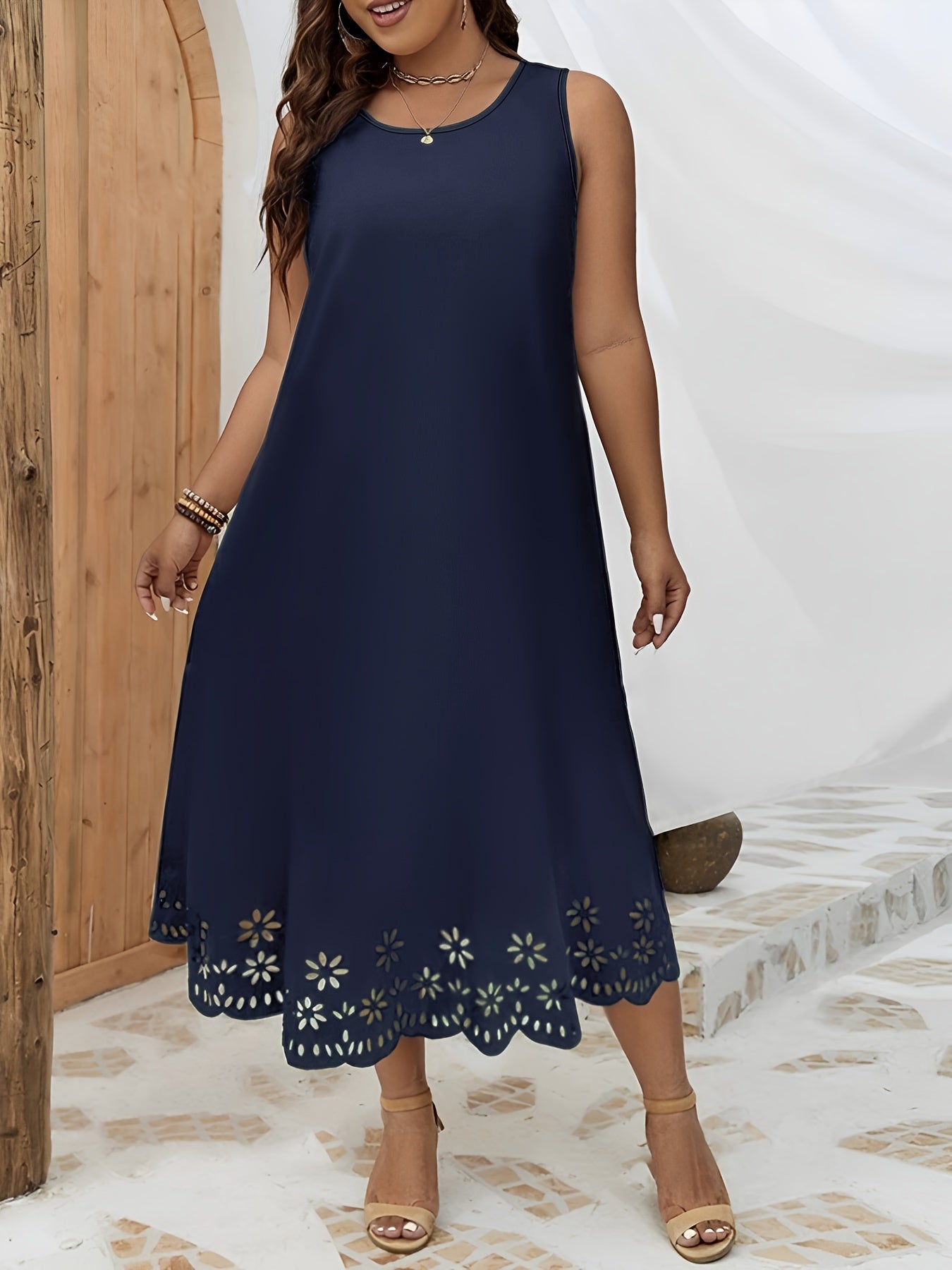 Plus Size Cutout Trim Tank Dress - Flattering Sleeveless Design, Breathable Fabric, and Comfortable Fit for Spring and Summer - Women's Casual Clothing for Warmer Weather