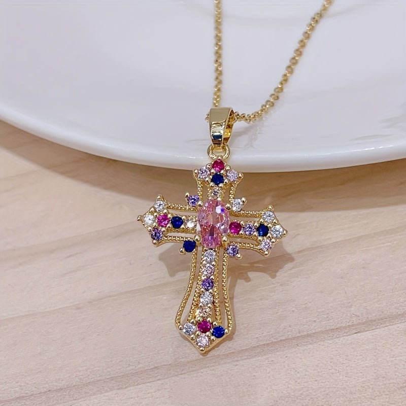 1pc Cute Sparkling Rhinestone Decor Cross Hollow Pendant Necklace, Religious Jewelry For Blessing, Ideal choice for Easter Gift