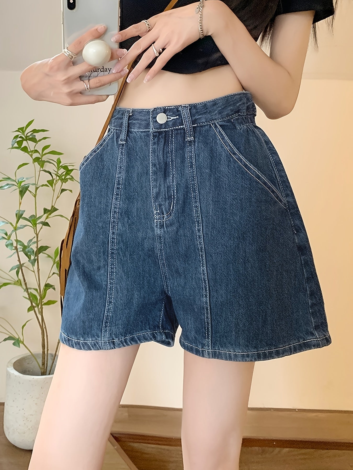 ZllKl High-Waist Loose Fit Denim Shorts, Summer Casual Style, Plain Washed Blue Denim Shorts Trendy Fashion