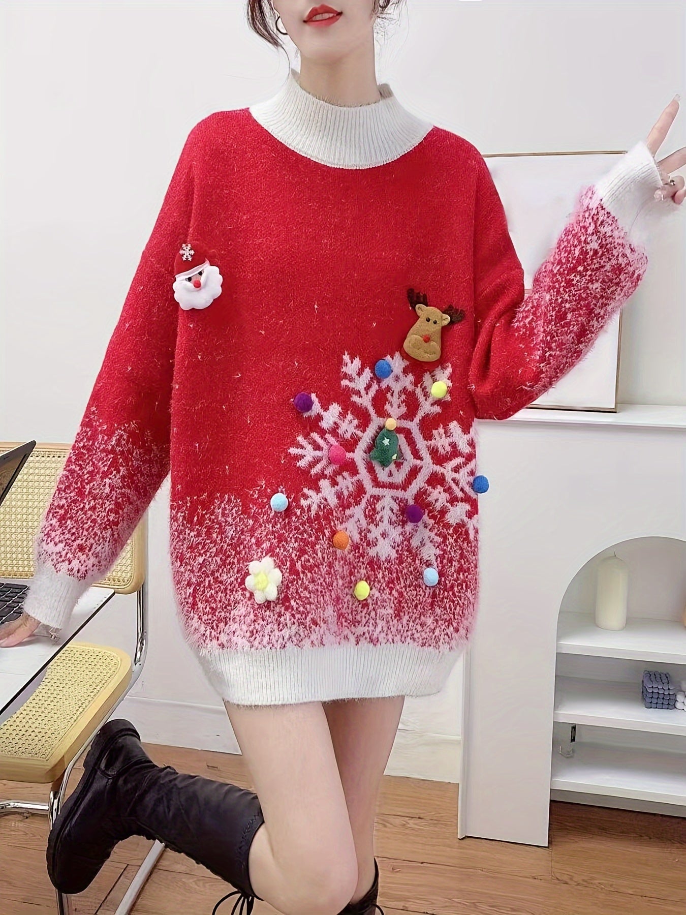 Women'S Festive Christmas Sweater, Long Sleeve, Elegant Style, Polyester, Round Neck, No Belt, Loose Fit, Pullover, Christmas Pattern, Floral Print, Mid-Stretch Fabric, Knee-Length, Leg of Mutton Sleeves, Embellished with Christmas Decor