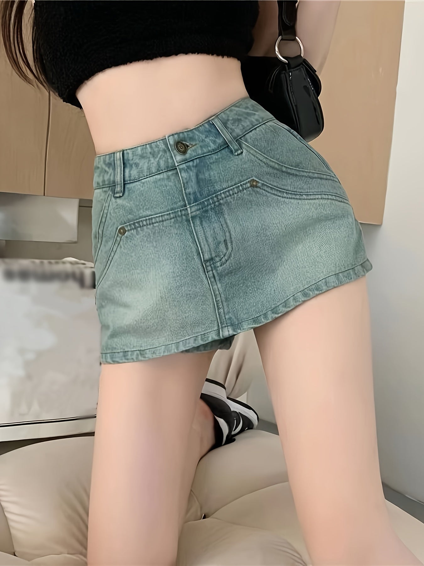 ZllKl Hot Retro Style Mini Denim Shorts, Plain Washed Blue Denim Skorts, Women's Denim Jeans & Clothing