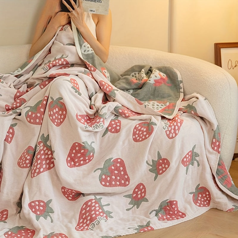 1pc Adorable Strawberry Pattern Soft Cotton Multi-Functional Blanket for Bed, Sofa, Couch, Car, Office, and Camping - Machine Washable, Reusable, and Lightweight - Perfect for All Seasons and Occasions