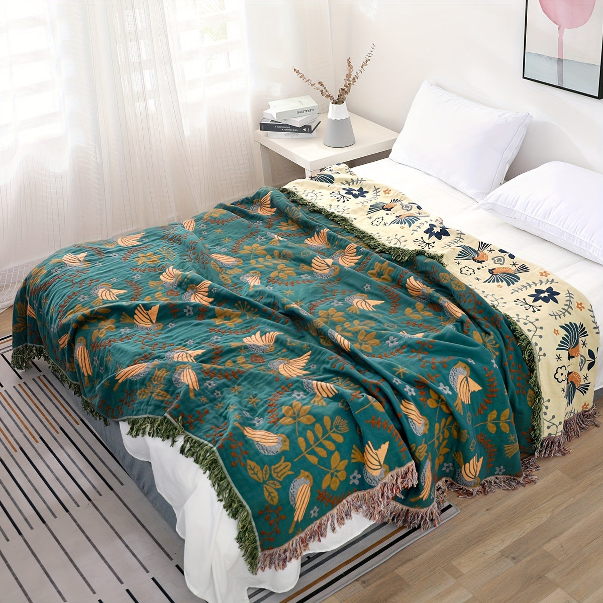 1pc Vibrant Bohemian Chic Cotton Gauze Throw Blanket - Soft, Lightweight, Spring-Inspired Bird and Leaf Pattern, Multi-Purpose Sofa Cover, Bedspread, Farmhouse Decor Couch Throw Blanket with Seasonal Accent