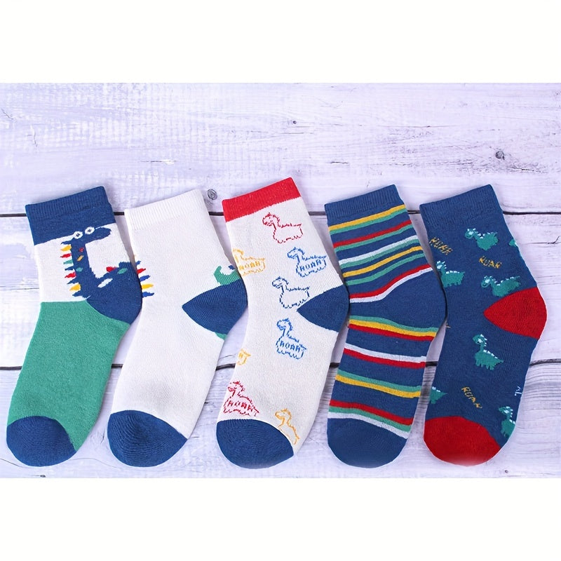 5pcs Boys' Cozy Fleece-Lined Socks - Warm, Thick Winter & Fall Crew Socks with Dinosaur Designs